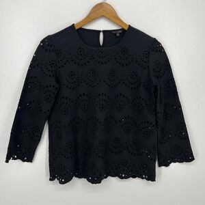 Massimo Dutti Broderick Anglaise Lace Blouse Women's Size XS Black 3/4 Sleeve